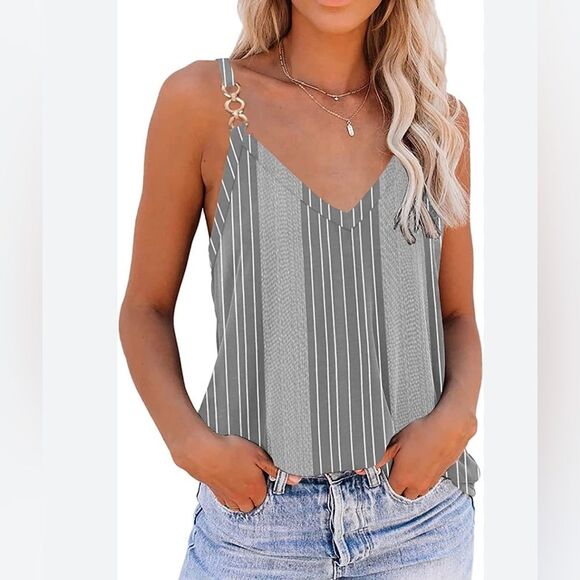 Gray & white striped cotton blend tank top with gold link straps size small NWT - Picture 1 of 6